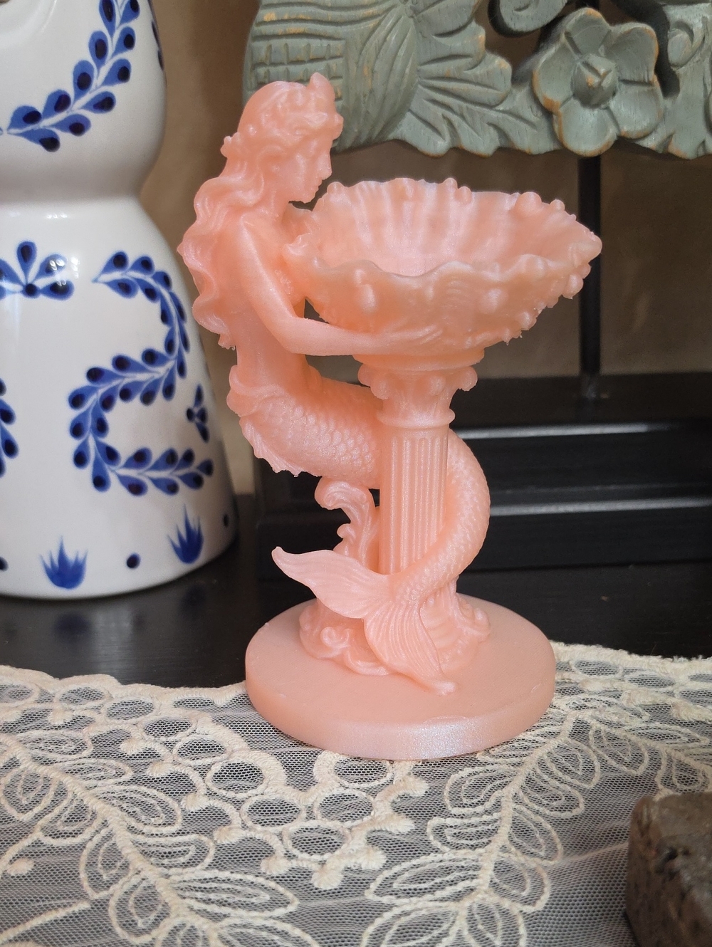 Peach Pink Mermaid Trinket Dish Votive Candle Holder Sea Siren